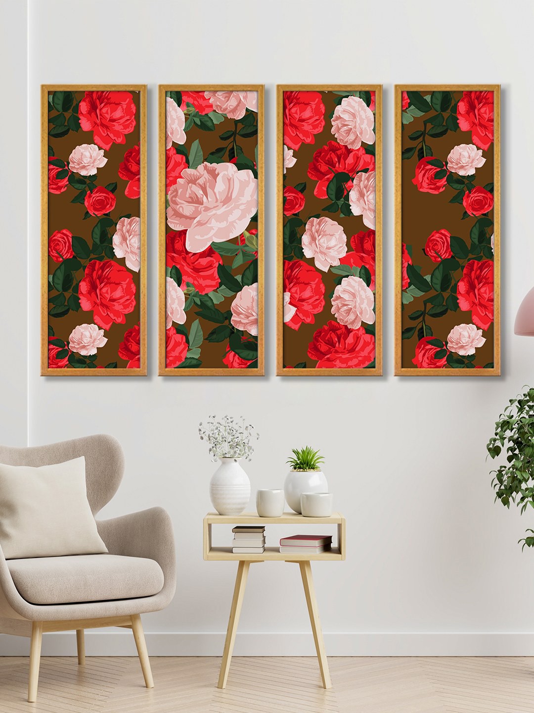 

999Store Set of 4 Roses Canvas Wall Art Painting, Brown