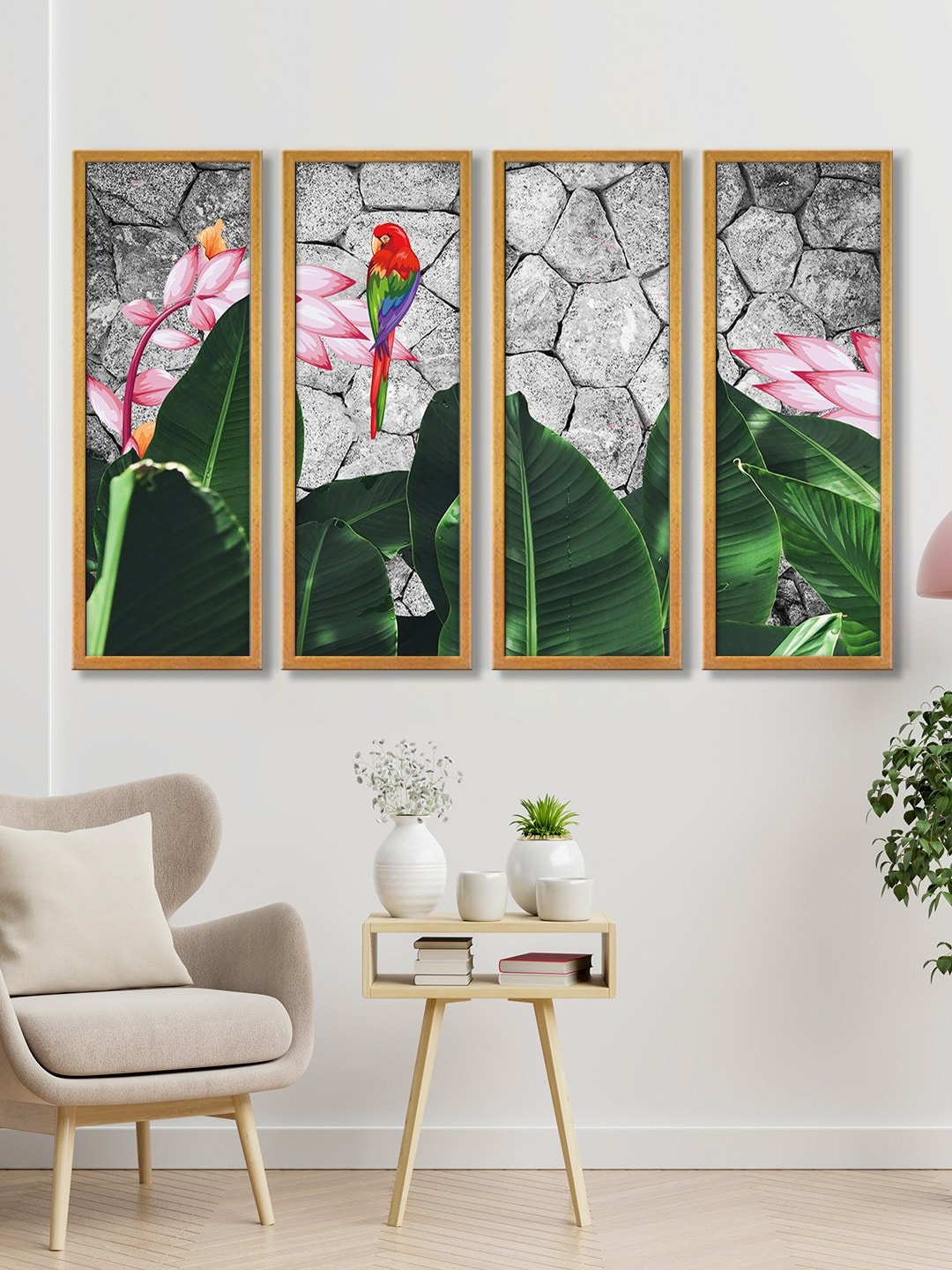 

999Store Set of 4 Leaves Flowers Bird Canvas Wall Art Paintings, Grey