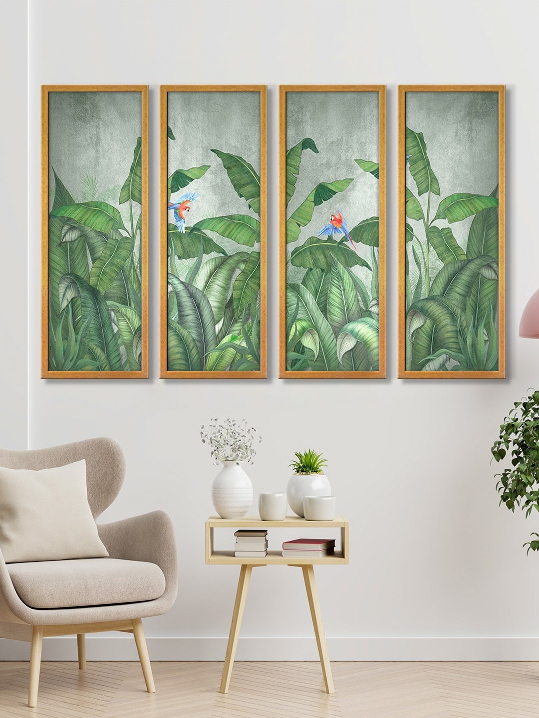 

999Store Set Of 4 Green & Blue Leaves Canvas Painting Framed Wall Art