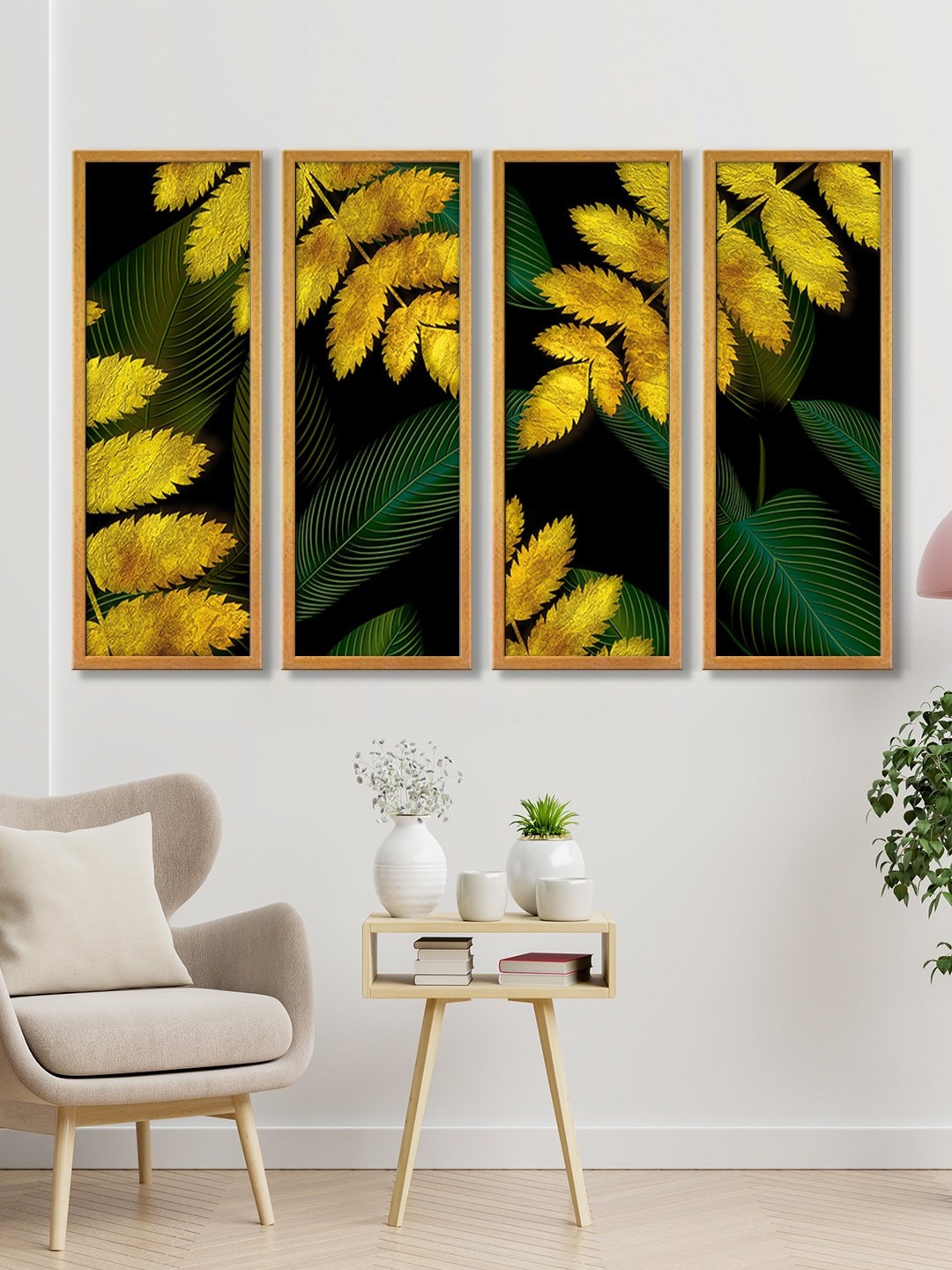 

999Store Black, Golden & Green Leaves Wall Art Painting Panels
