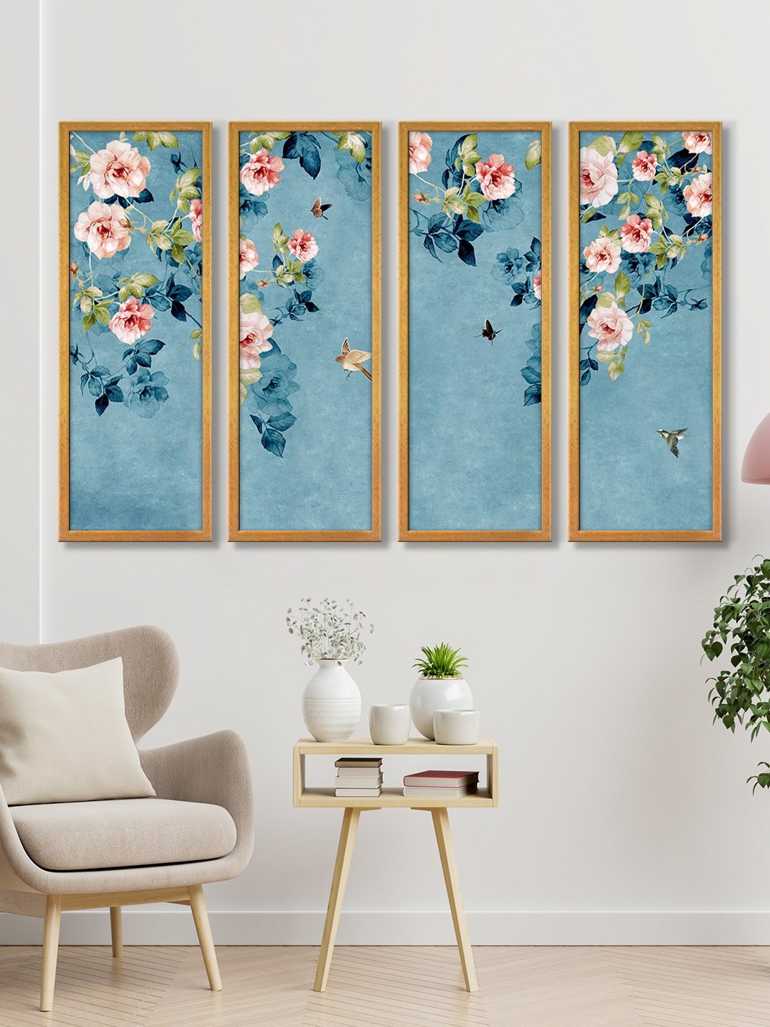 

999Store Set of 4 Roses Leaves Canvas Wall Painting, Blue