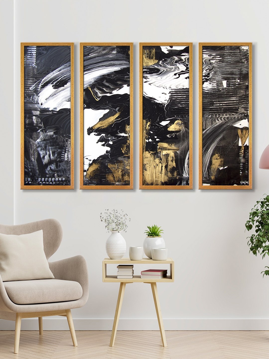 

999Store Set Of 4 Black & White Abstract Painting Framed Wall Art