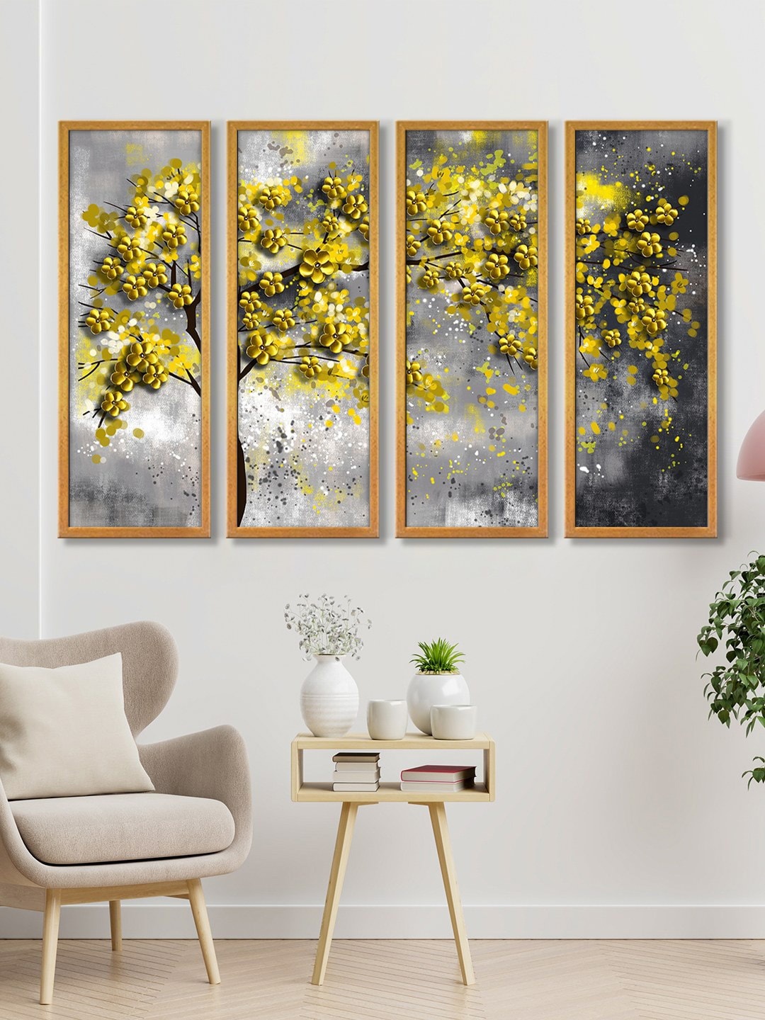 

999Store Grey & Gold Set of 4 Tree Leaves Canvas Wall Painting