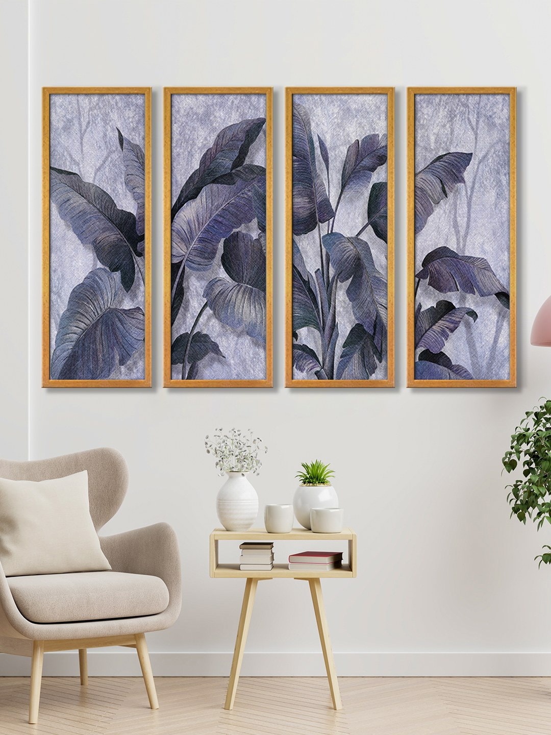 

999Store Blue & Grey Set of 4 Big Leaves Wall Art Canvas Painting