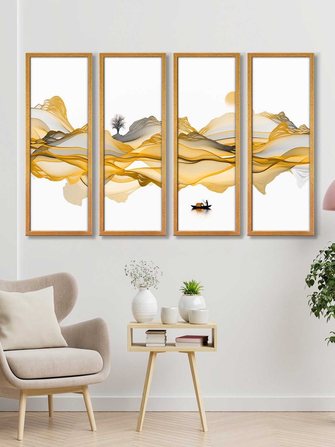 

999Store White & Golden Abstract Wall Canvas Panels