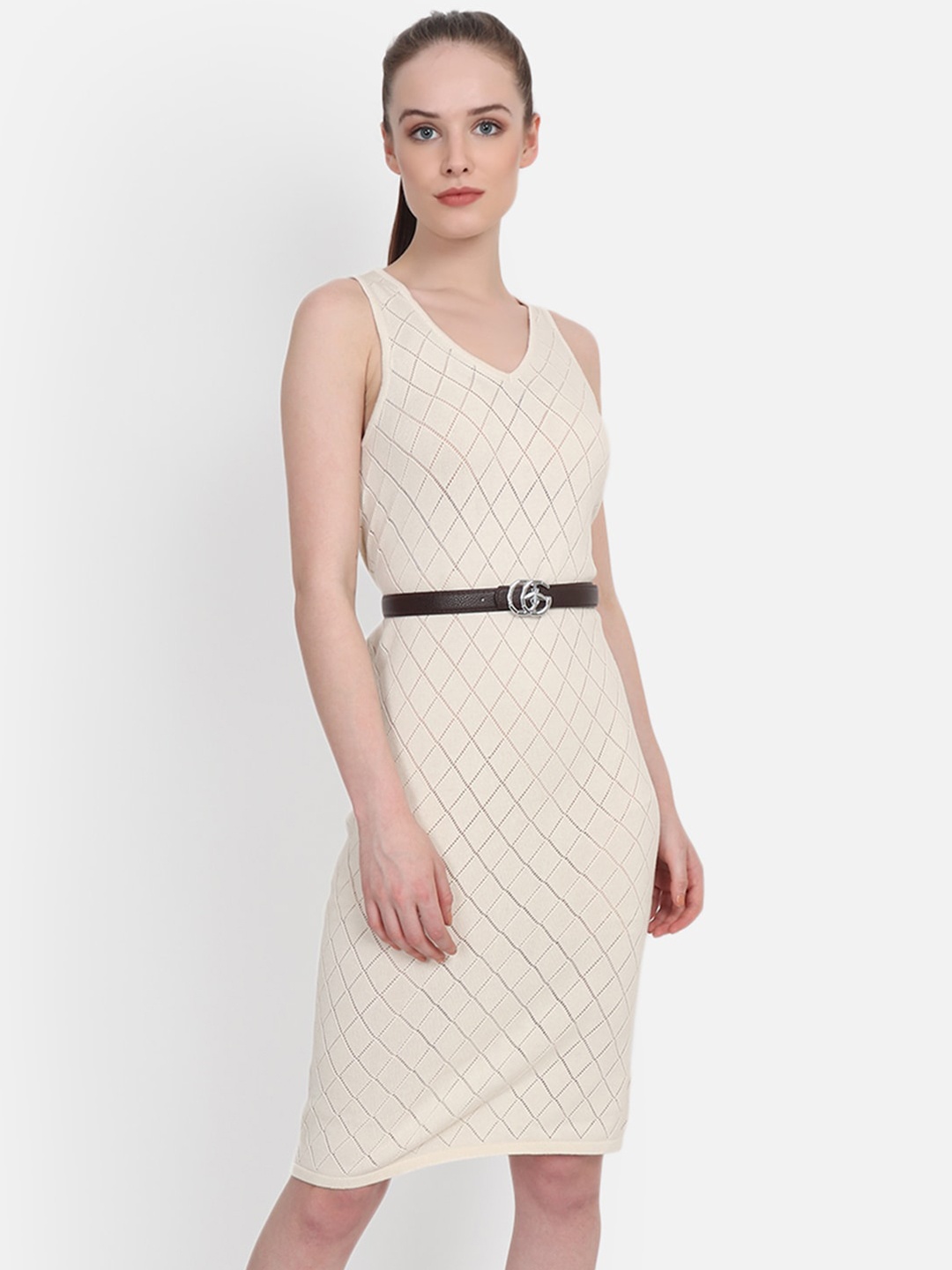 

JoE Hazel Beige & Gold-Toned Cotton Sheath Dress With Belt