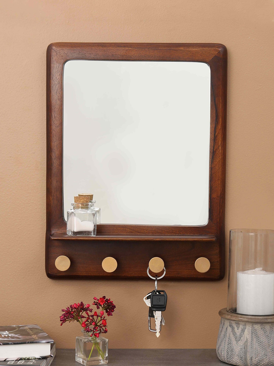 

ellementry Brown Mirror with Shelf & Hooks