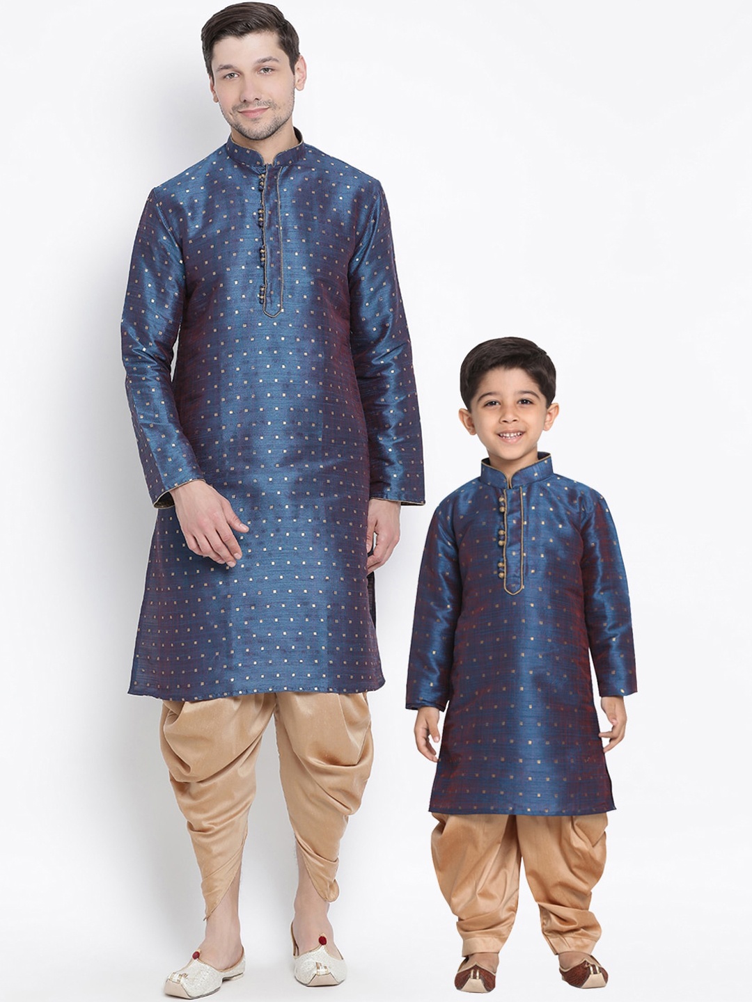 

VASTRAMAY Boys Blue & Gold-Toned Kurta with Dhoti Pants