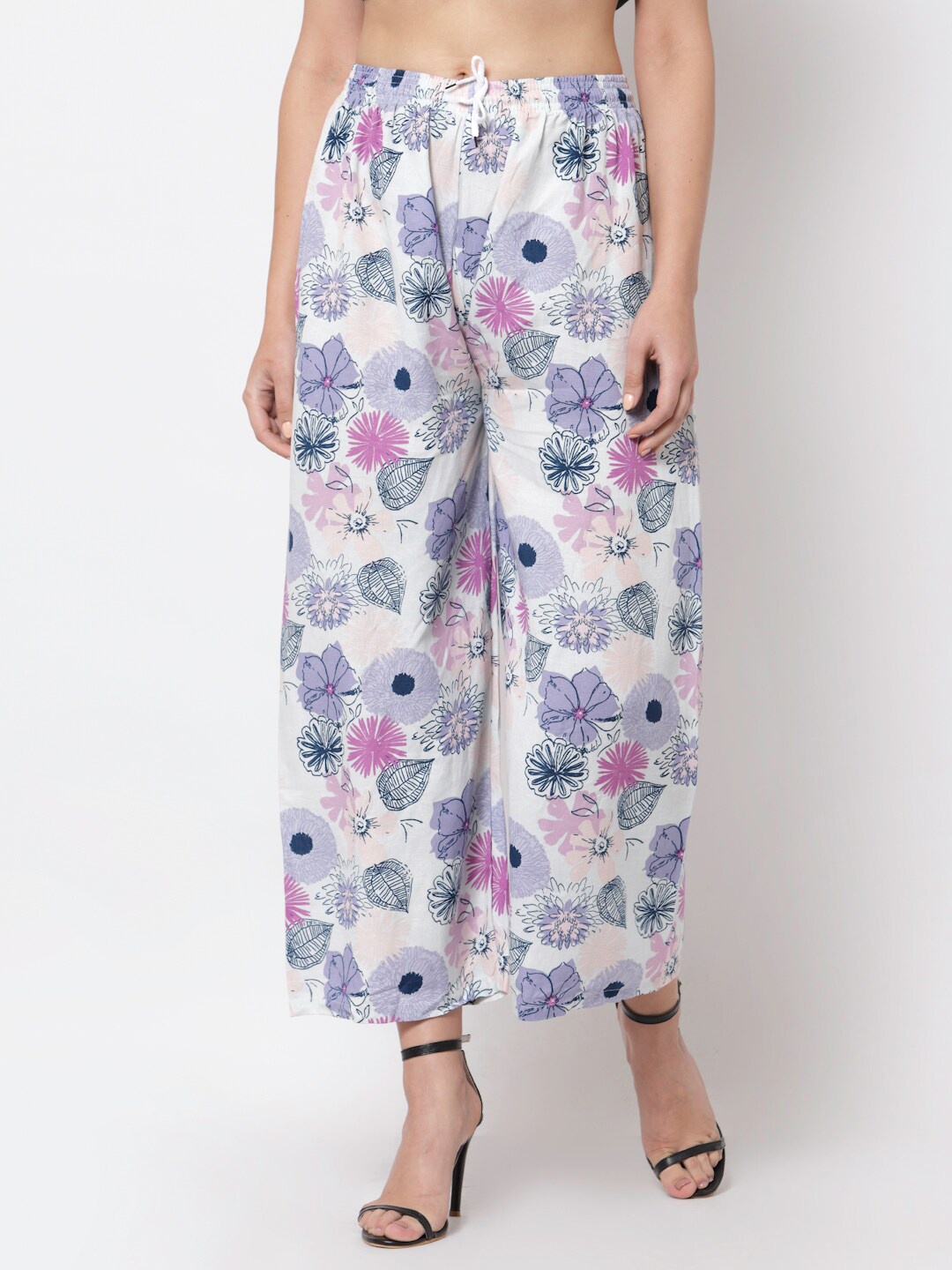 

KLOTTHE Women White & Purple Floral Printed Cotton Palazzos