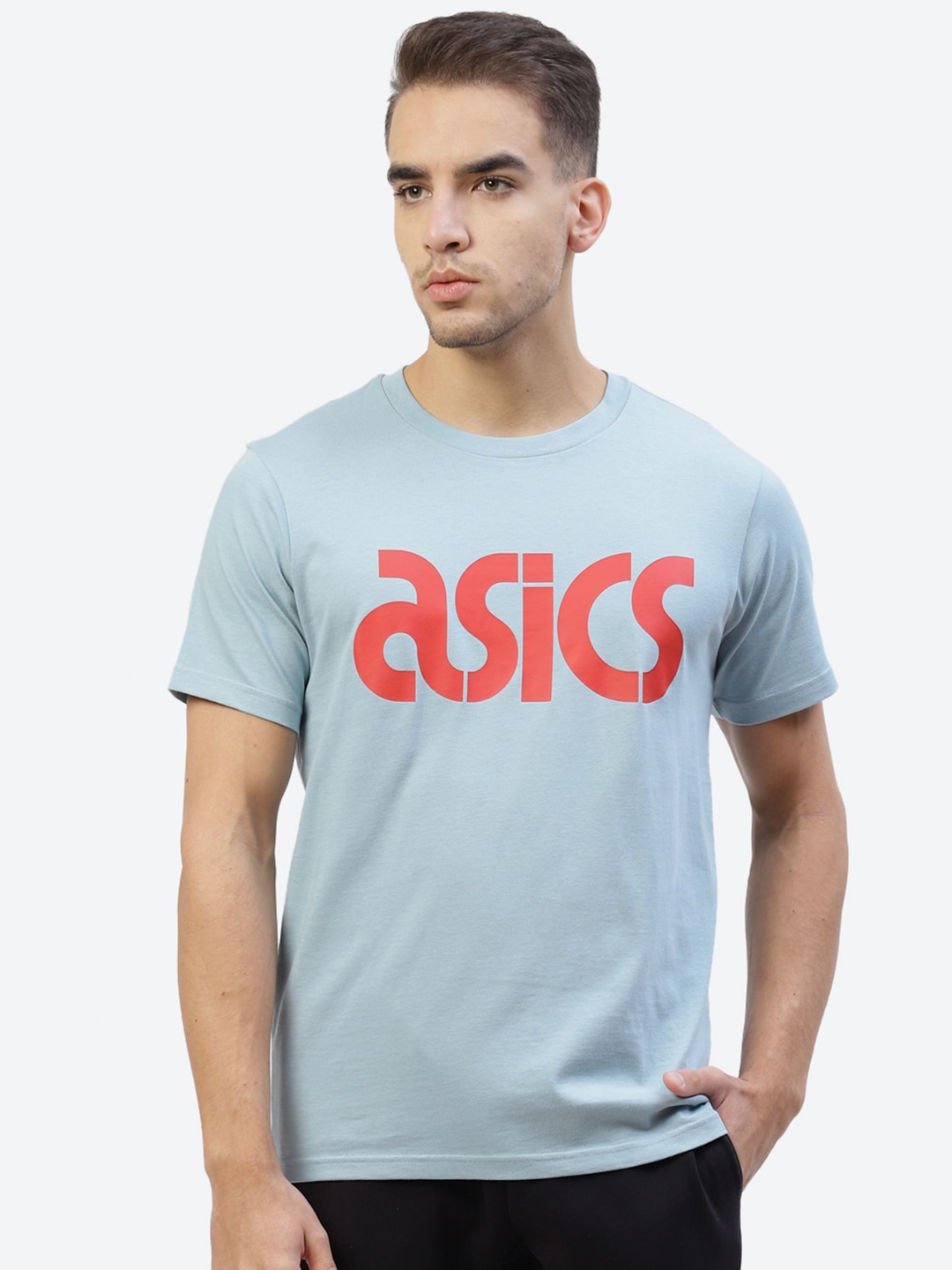 

ASICS Men Blue Typography Printed M Bubble Logo Graphic SS Outdoor Walking T-shirt