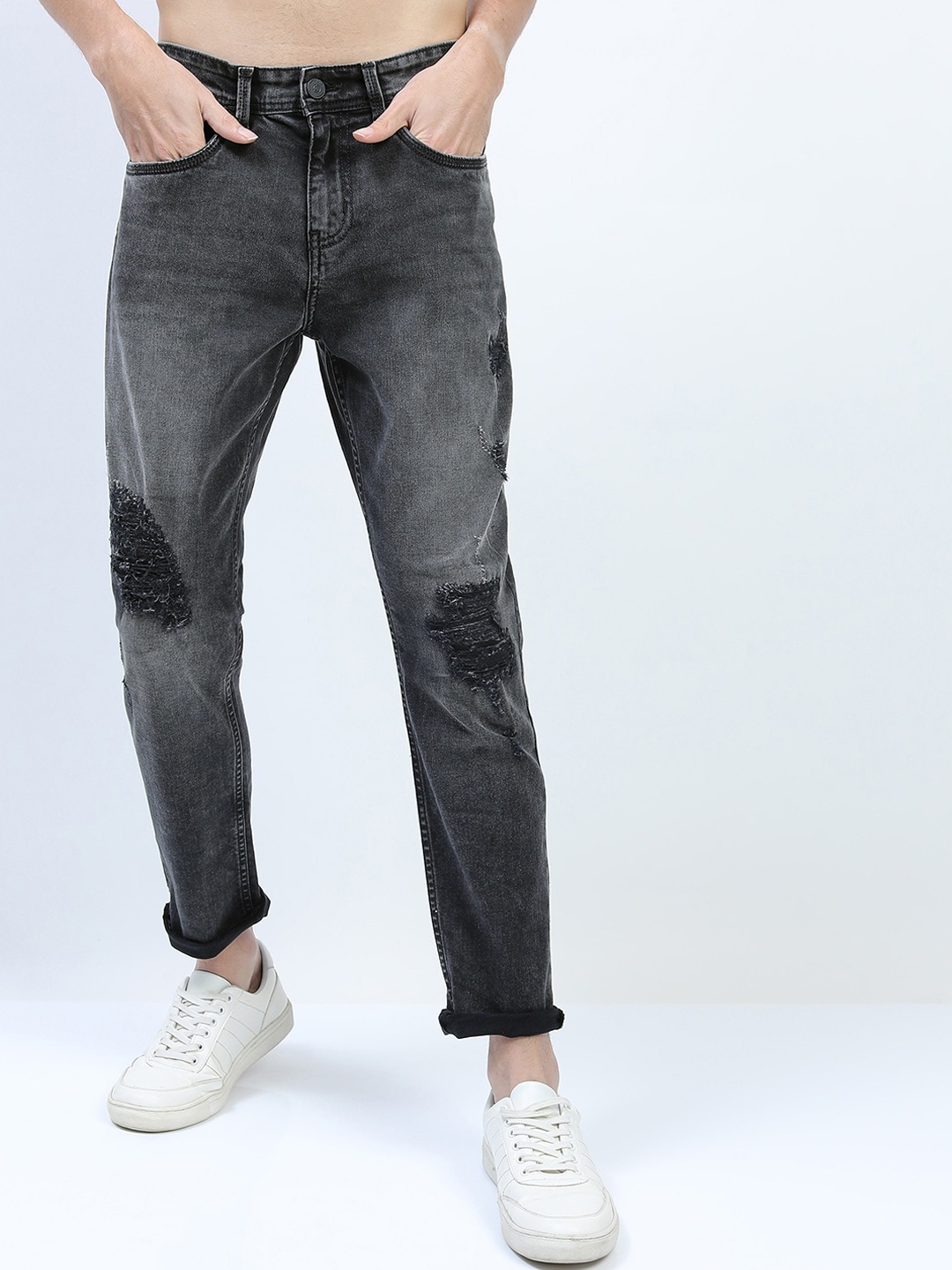 

LOCOMOTIVE Men Charcoal Tapered Fit Mildly Distressed Heavy Fade Stretchable Jeans