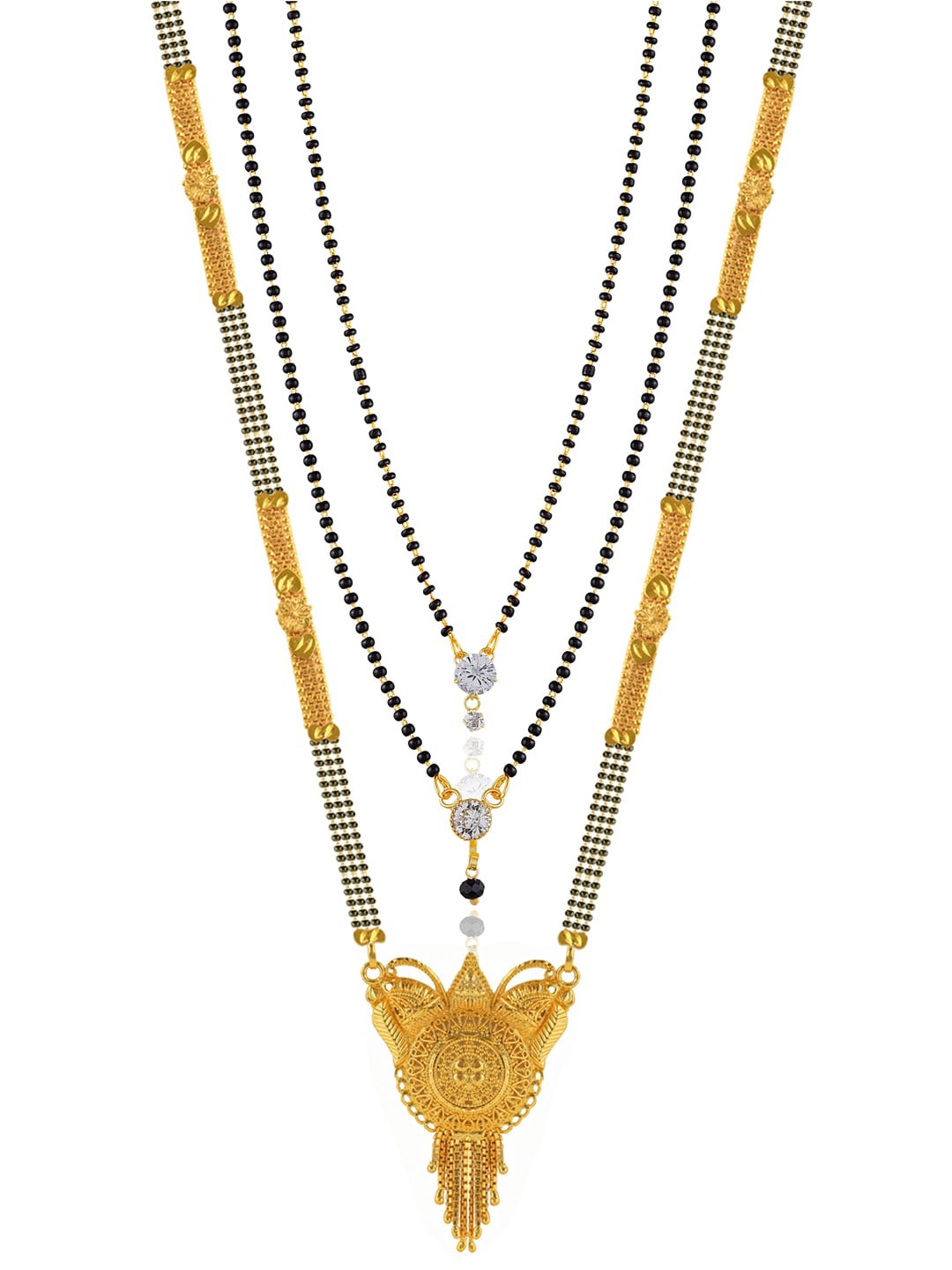 

Brandsoon Set Of 3 Gold-Plated Black & White Stone-Studded & Beaded Mangalsutra