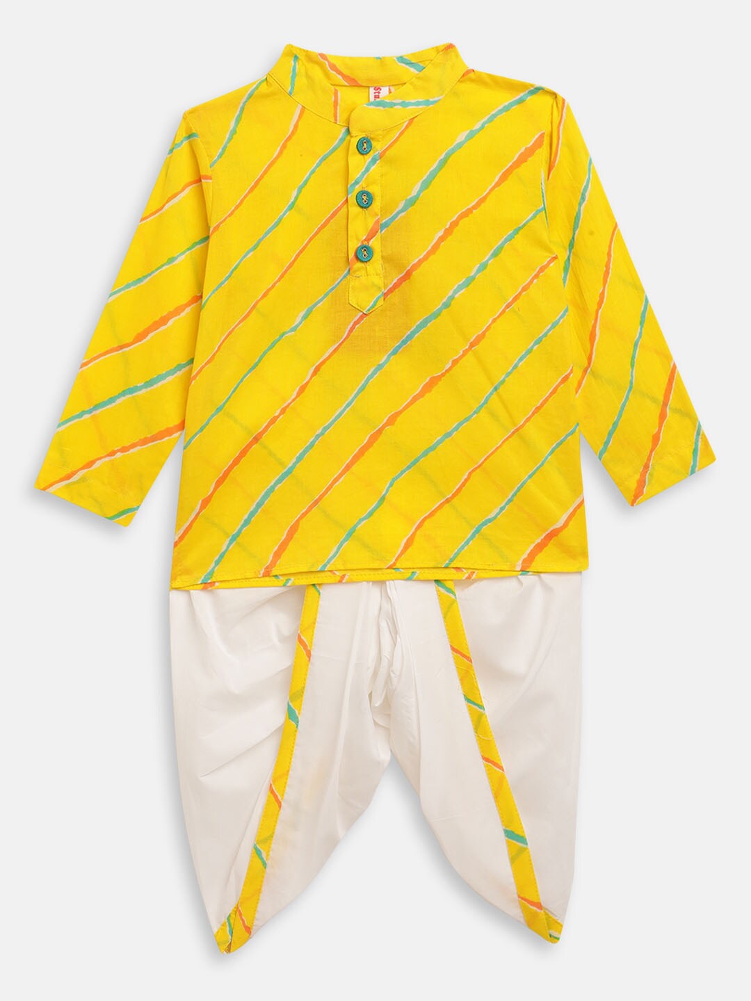 

Stuffie Land Boys Yellow Leheriya Printed Pure Cotton Kurta with Dhoti Pants