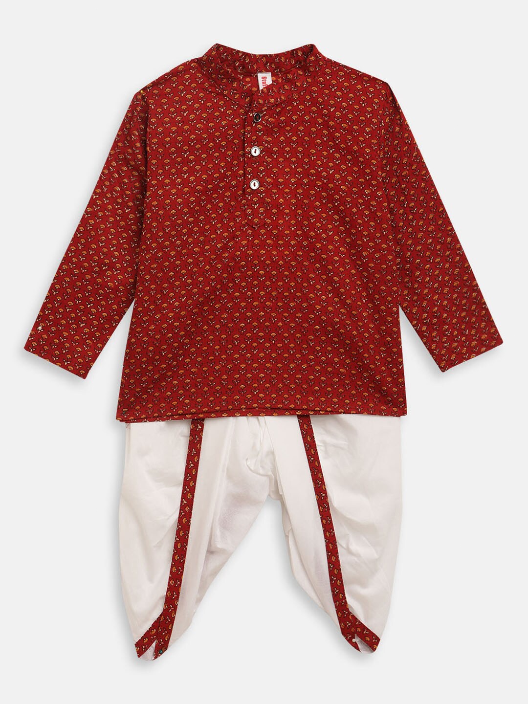 

Stuffie Land Boys Maroon Floral Printed Pure Cotton Kurta with Dhoti Pants