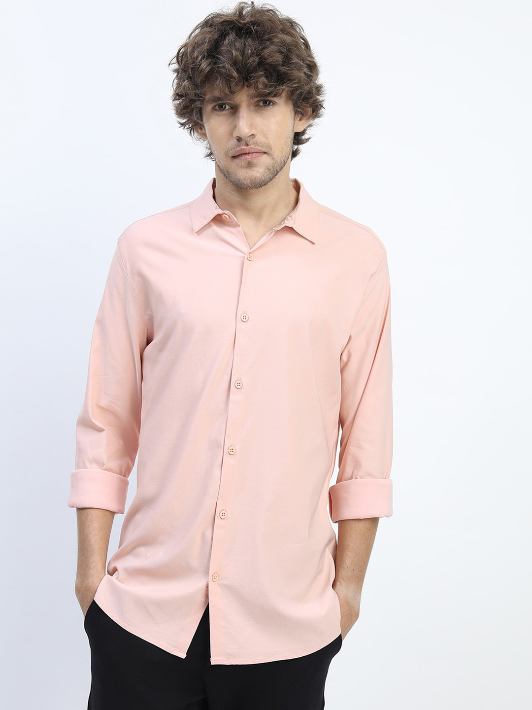 

HIGHLANDER Men Peach-Coloured Slim Fit Party Shirt