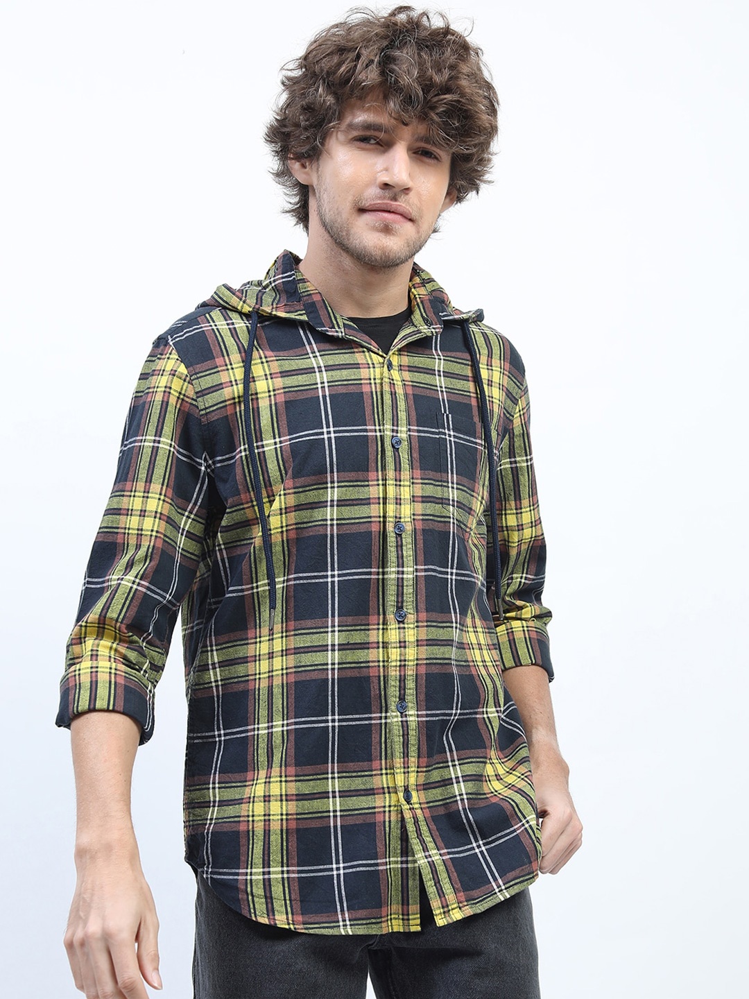 

HIGHLANDER Men Navy Blue Slim Fit Tartan Checks Checked Casual Shirt