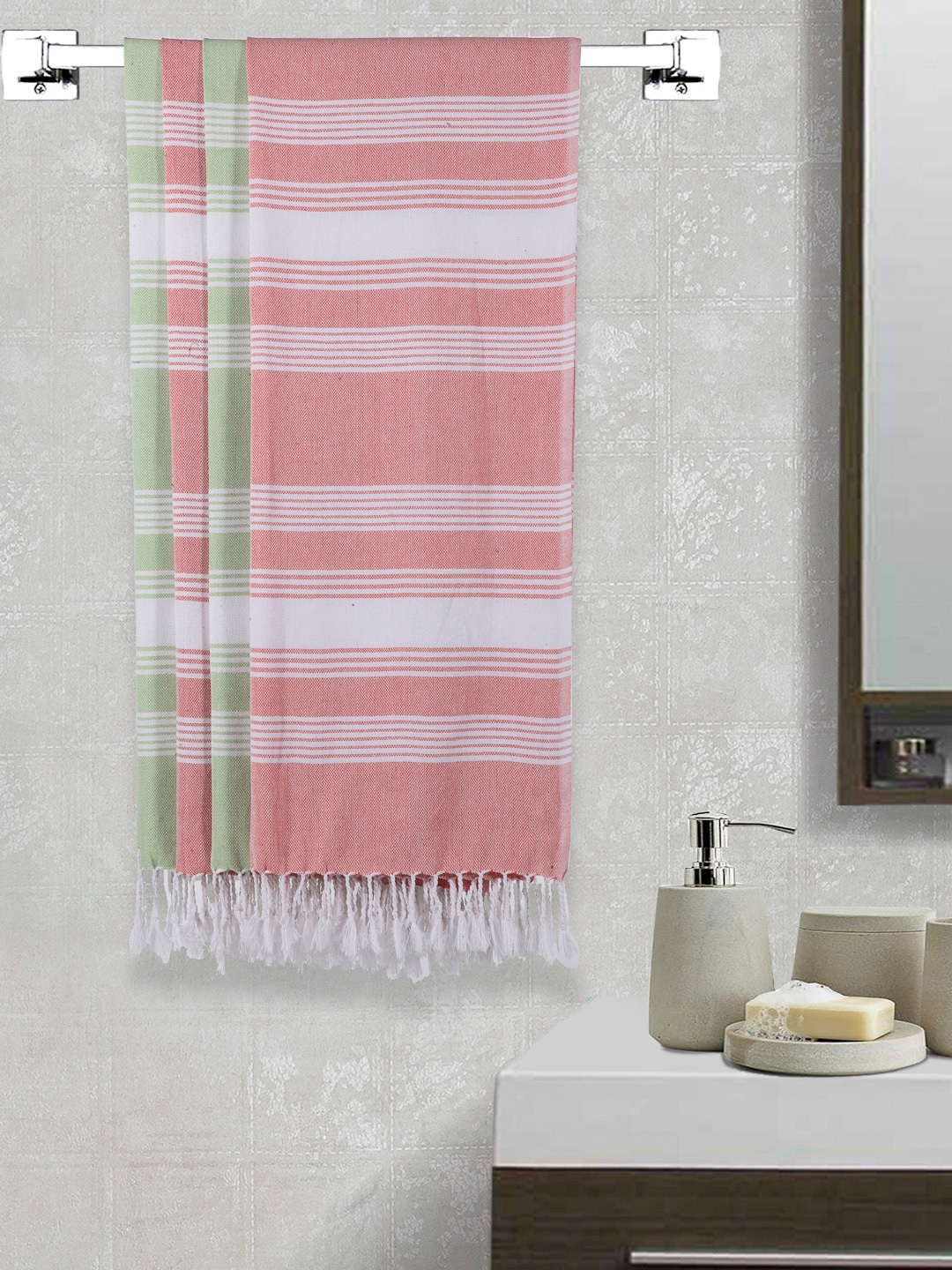 

Arrabi Set Of 4 Striped 210 GSM Cotton Handwoven Bath Towels, Orange