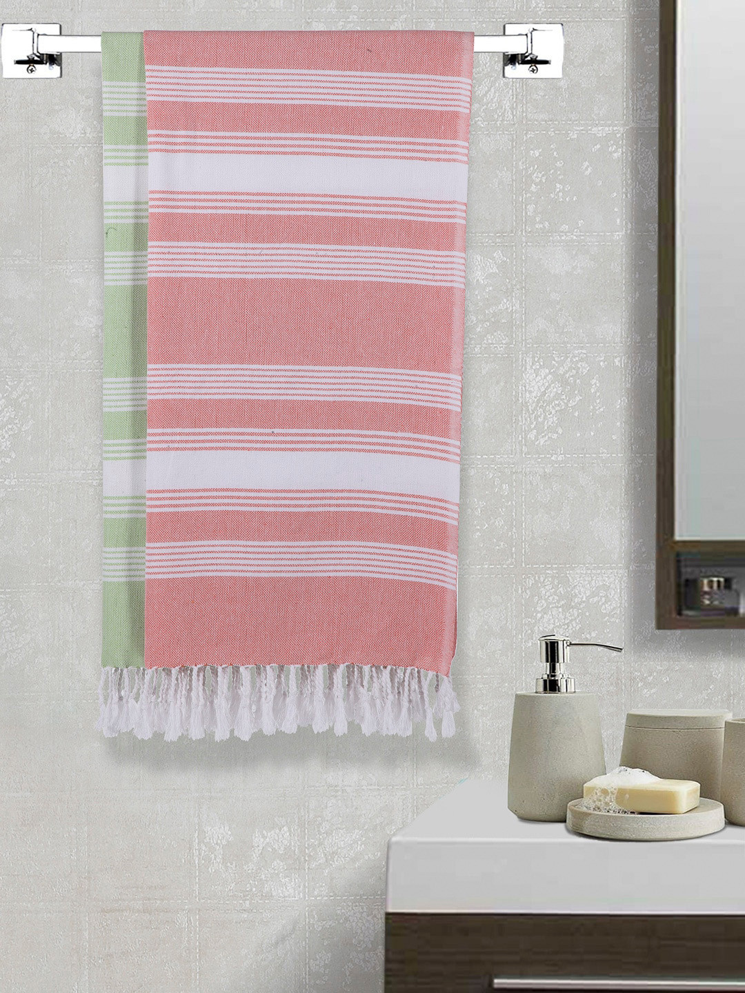 

Arrabi Set Of 2 Striped 210 GSM Cotton Bath Towels, Orange