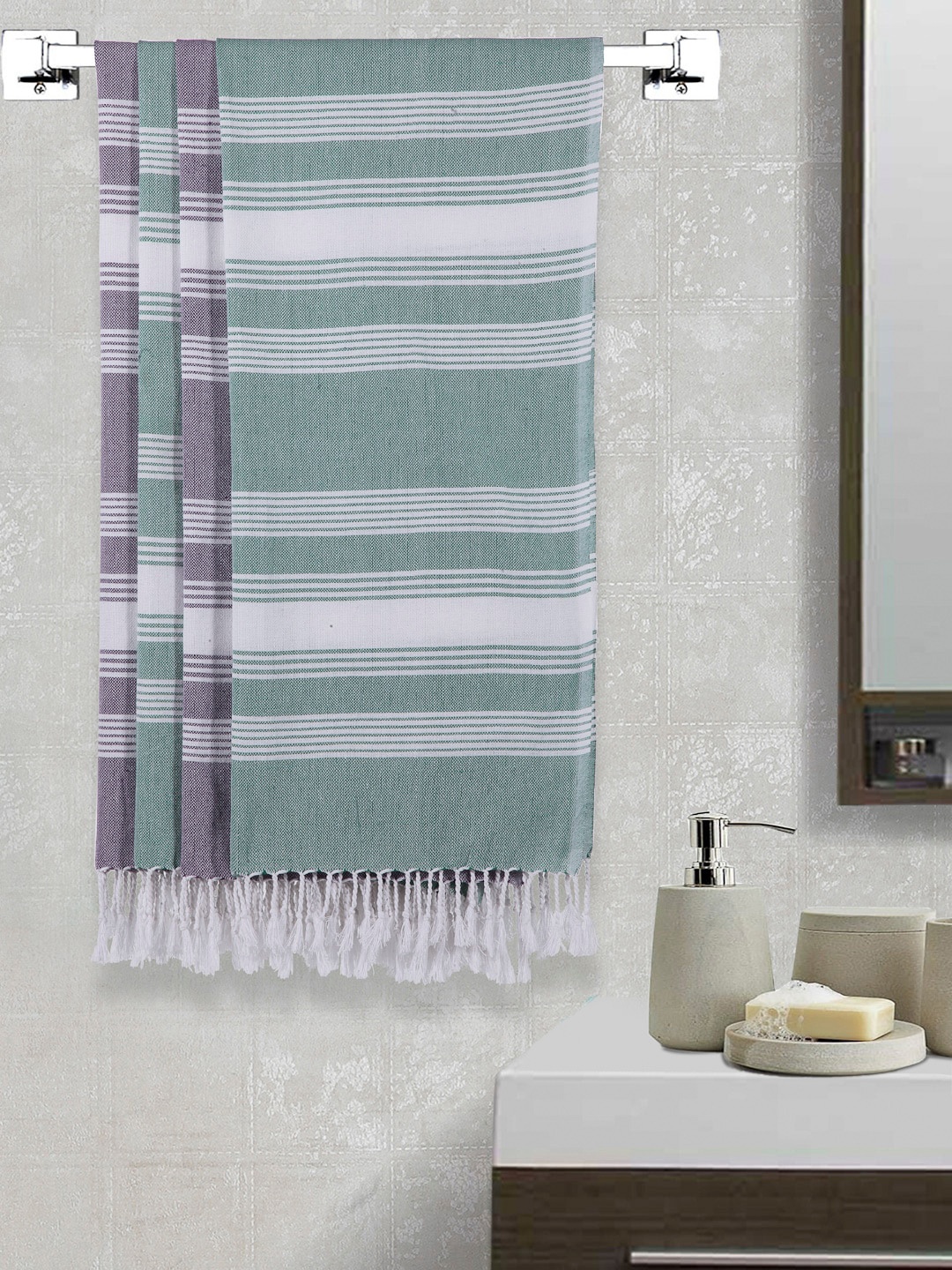 

Arrabi Set Of 4 Striped 210 GSM Cotton Bath Towels, Green