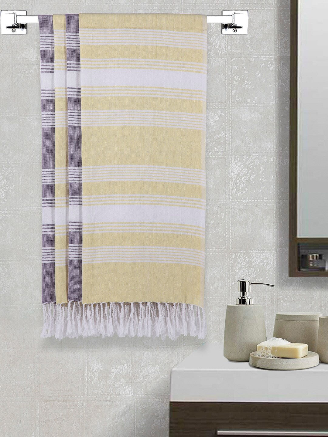 

Arrabi Set Of 4 Striped 210 GSM Cotton Bath Towels, Yellow