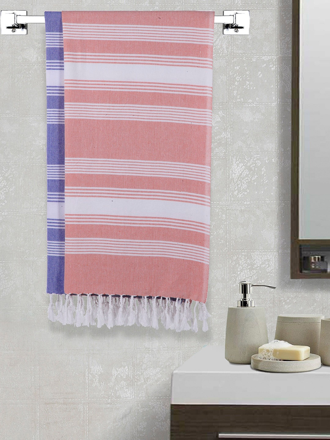 

Arrabi Set Of 2 Orange & Blue Striped 210 GSM Cotton Bath Towels, White
