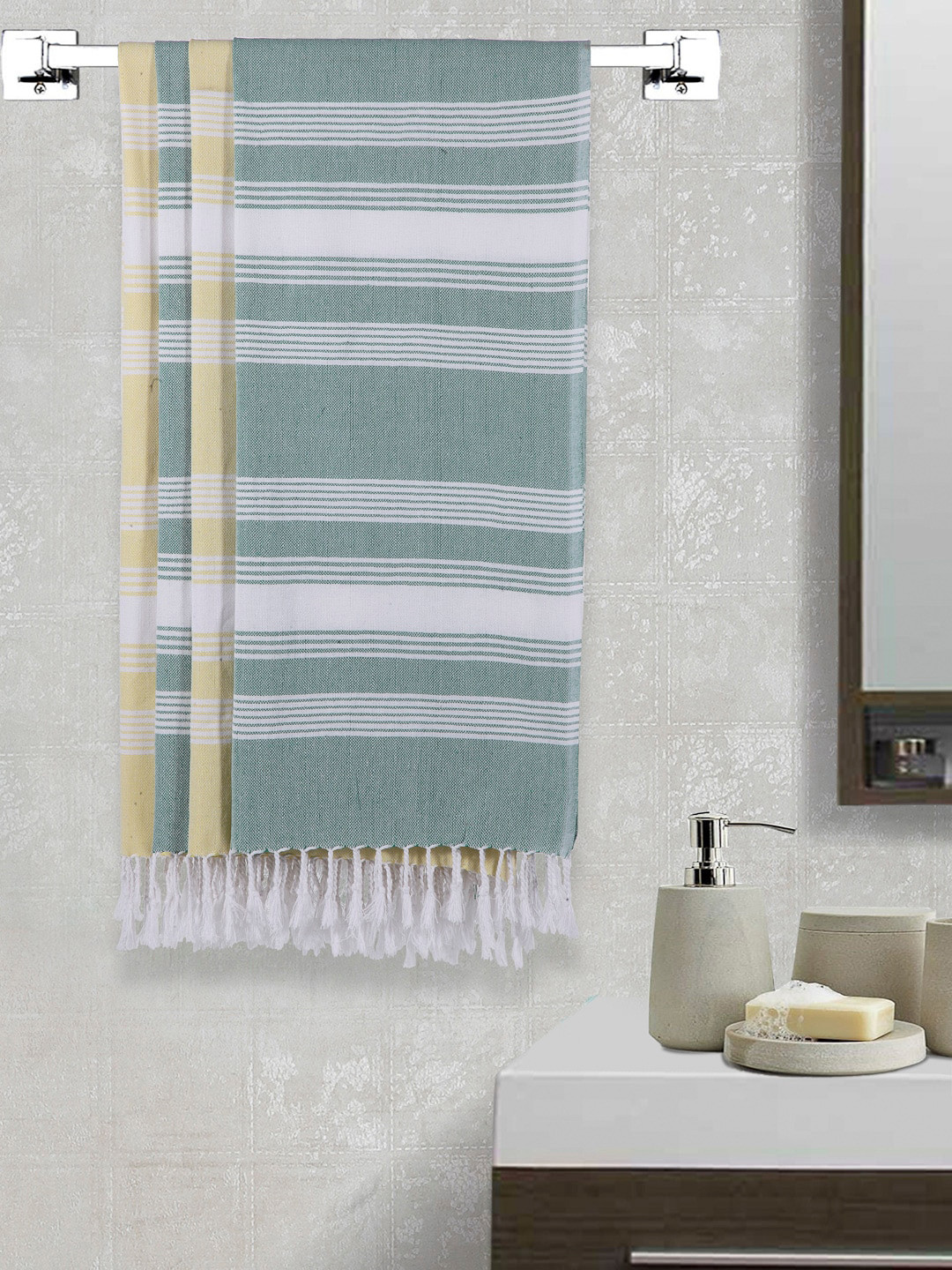 

Arrabi Set Of 4 Green & Yellow Striped 210 GSM Cotton Bath Towels