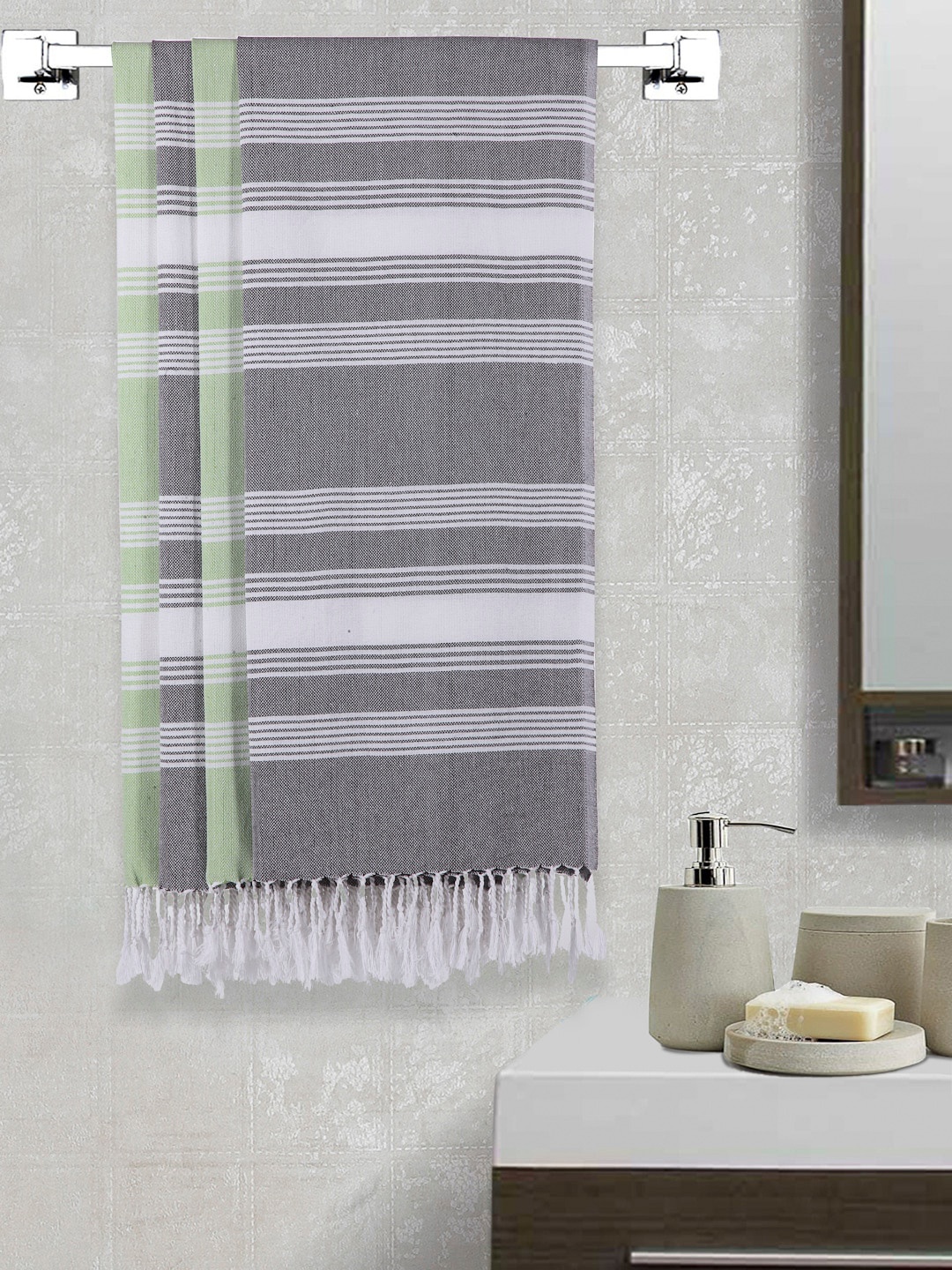 

Arrabi Set Of 4 Striped 210 GSM Cotton Bath Towels, Grey