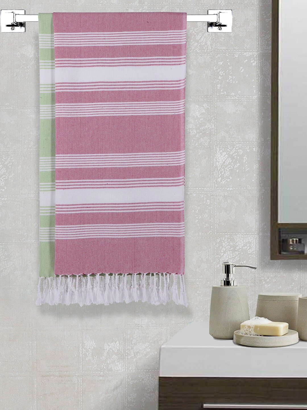 

Arrabi Unisex Set Of 2 Striped 210 GSM Pure Cotton Bath Towels, Pink