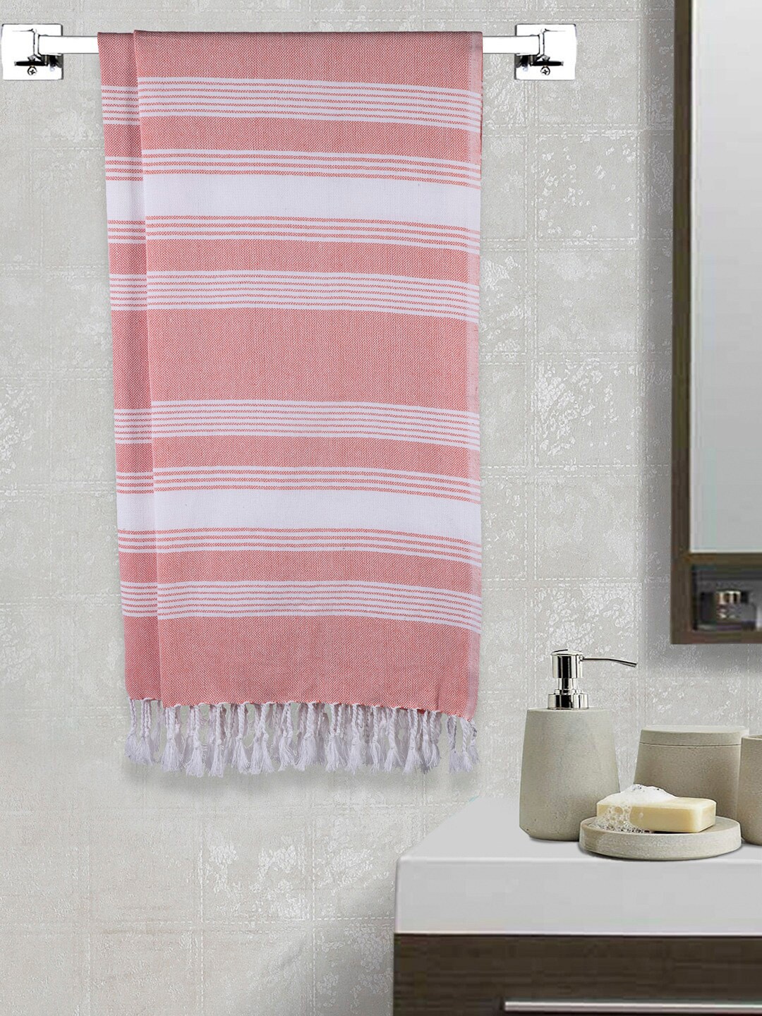 

Arrabi Set Of 2 Orange & White Striped 210 GSM Cotton Handwoven Bath Towels