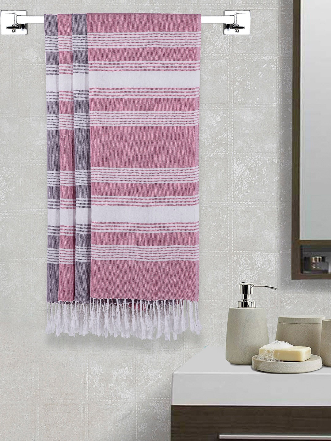 

Arrabi Set Of 4 Striped 210 GSM Cotton Bath Towels, Grey