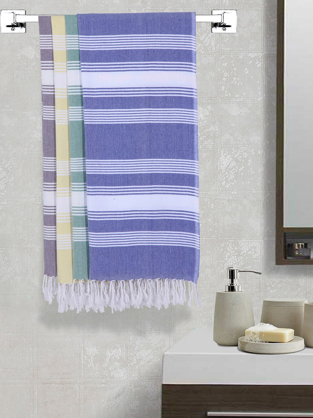 

Arrabi Set Of 4 Striped 210 GSM Cotton Bath Towels, Blue