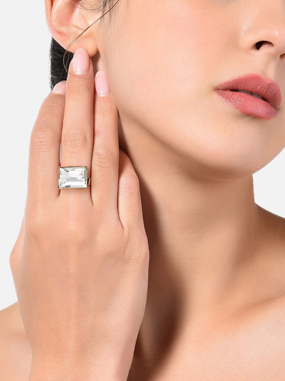

AMI Gold-Plated White Stone-Studded Adjustable Finger Ring