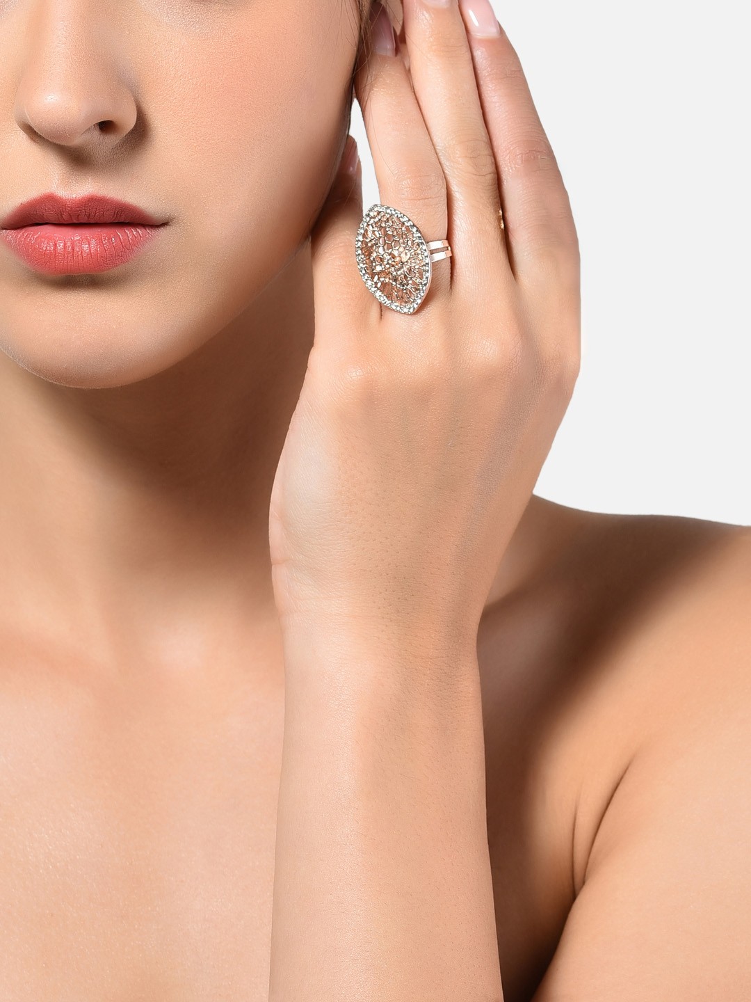 

AMI Rose Gold-Plated White Stone-Studded Adjustable Finger Ring