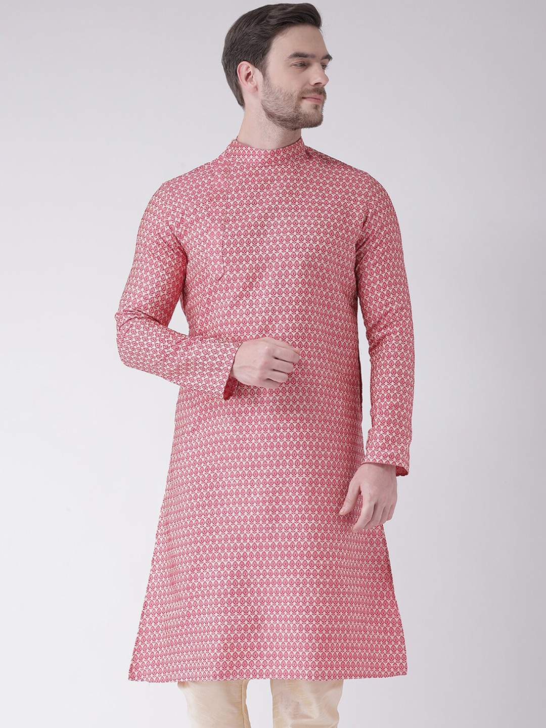 

DEYANN Men Pink Woven Design Angrakha Kurta with Churidar