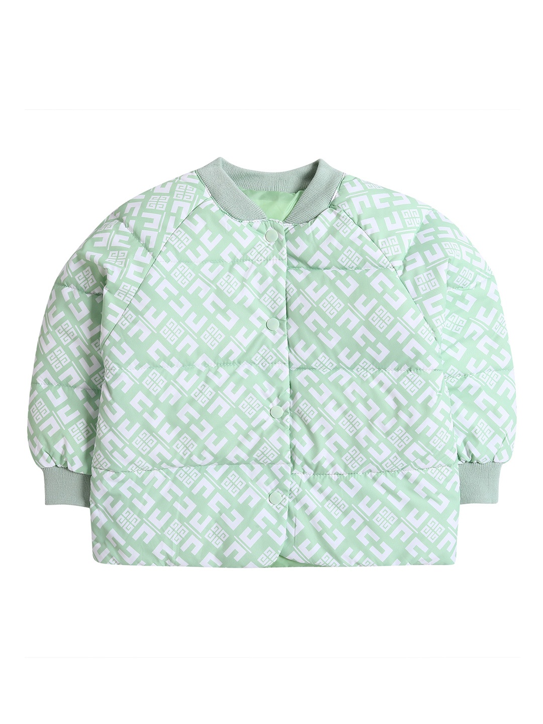 

Hopscotch Boys Green & White Geometric Mandarin Collar Quilted Jacket