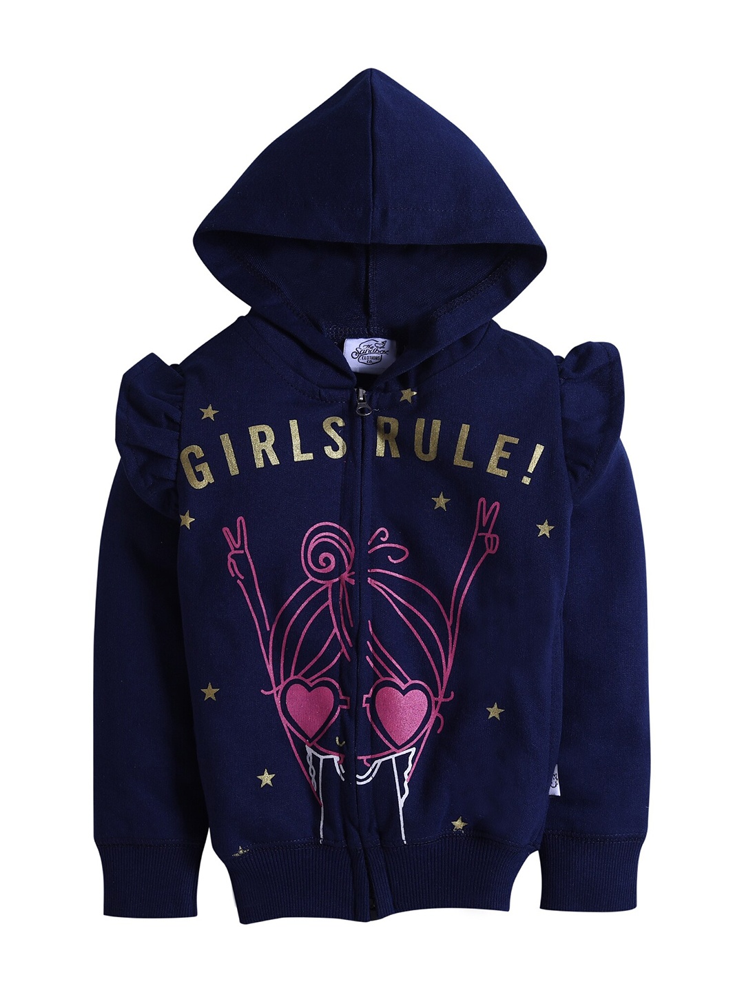 

Hopscotch Girls Navy Blue & Pink Printed Hooded Pure Cotton Sweatshirt