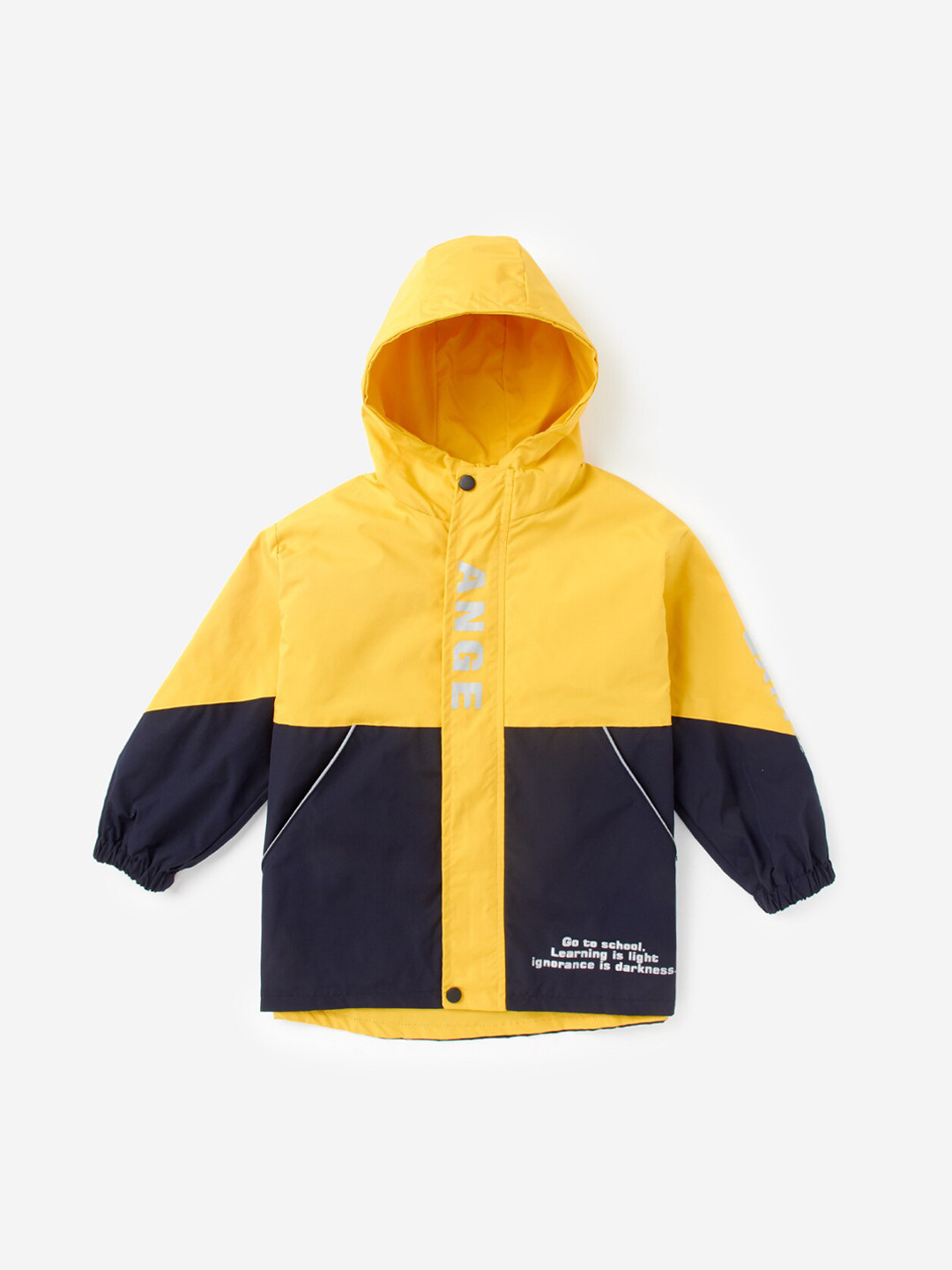 

Hopscotch Boys Yellow Colourblocked Longline Varsity Jacket with Patchwork