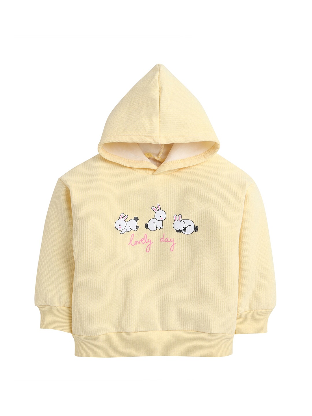 

Hopscotch Girls Yellow Printed Hooded Sweatshirt