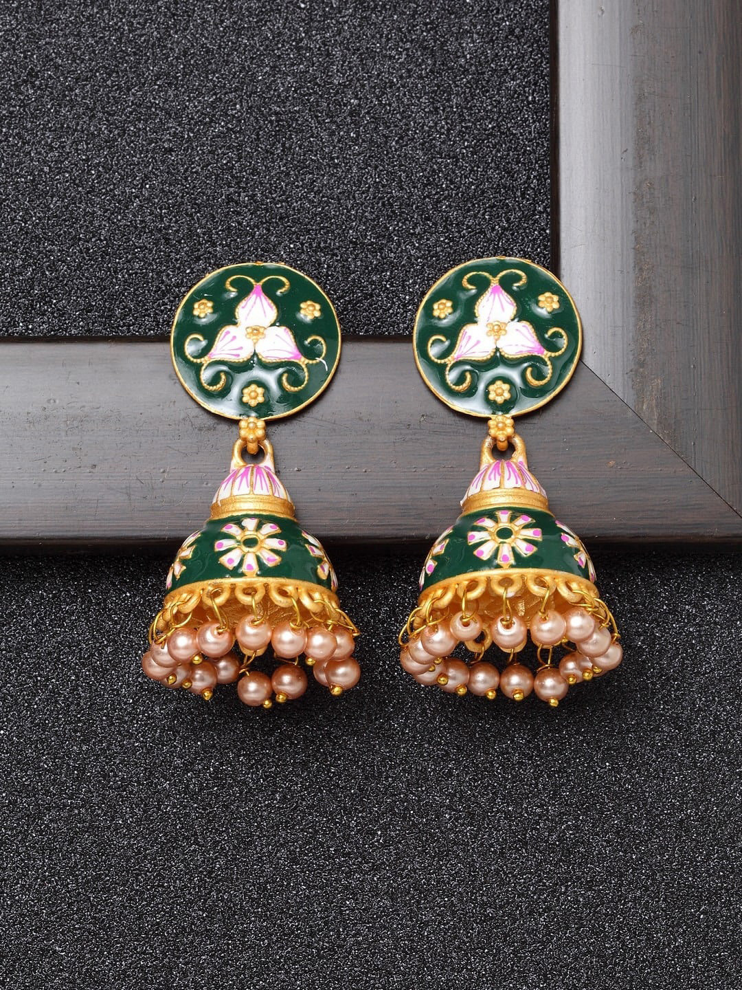 

AVANT-GARDE PARIS Green & Gold-Toned Beaded Handcrafted Dome Shaped Jhumkas Earrings