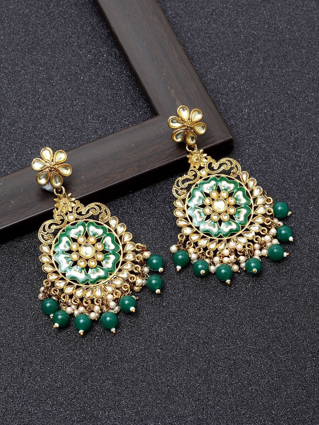 

AVANT-GARDE PARIS Women Green & Gold Beaded Handcrafted Circular Chandbalis Earrings
