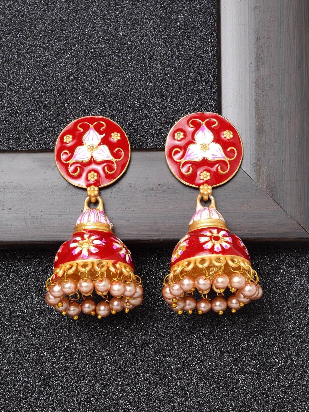 

AVANT-GARDE PARIS Red & Gold-Toned Dome Shaped Jhumkas Earrings
