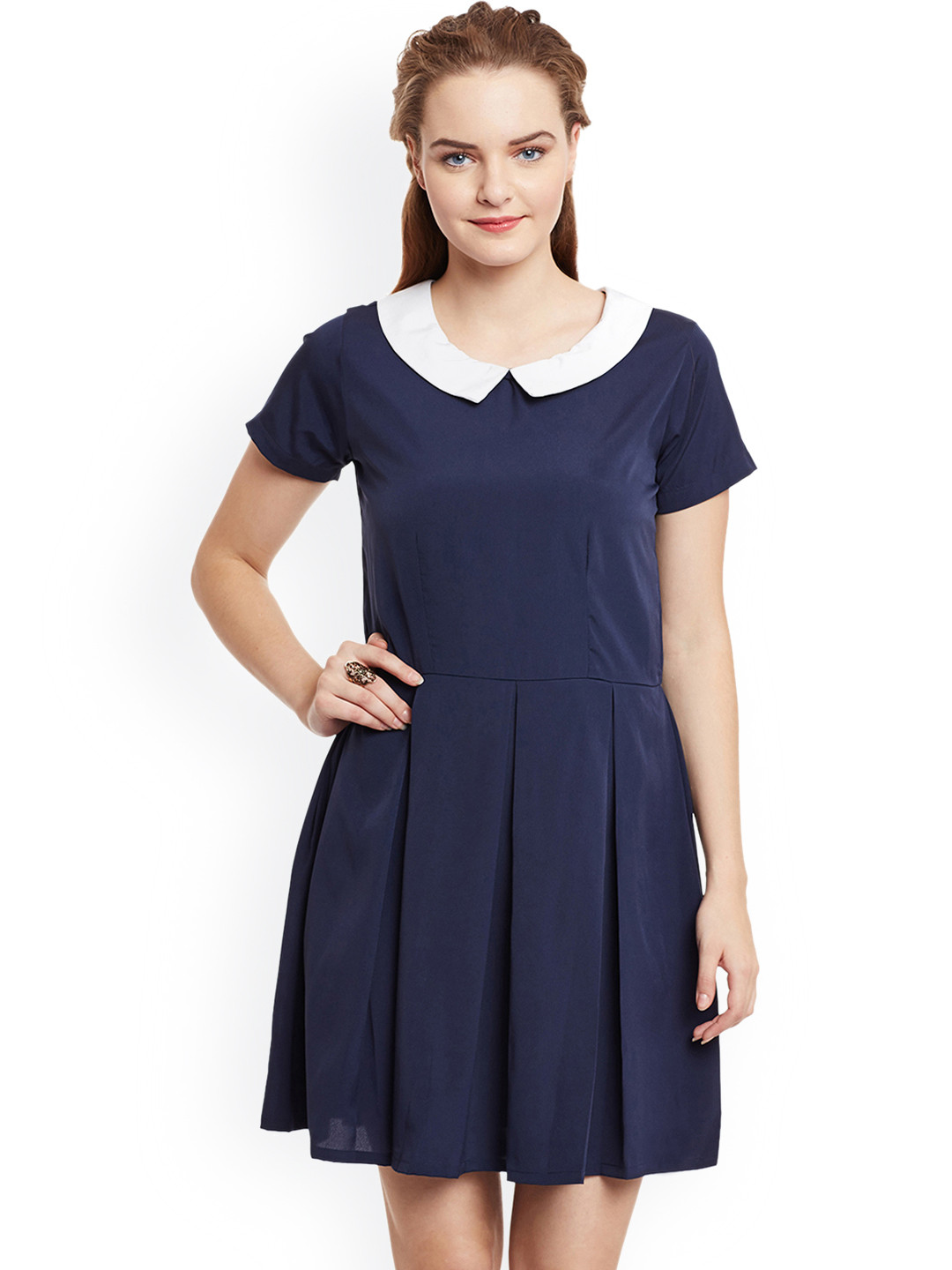 

WISSTLER Women Navy Solid Crepe Fit & Flare Dress, Navy blue