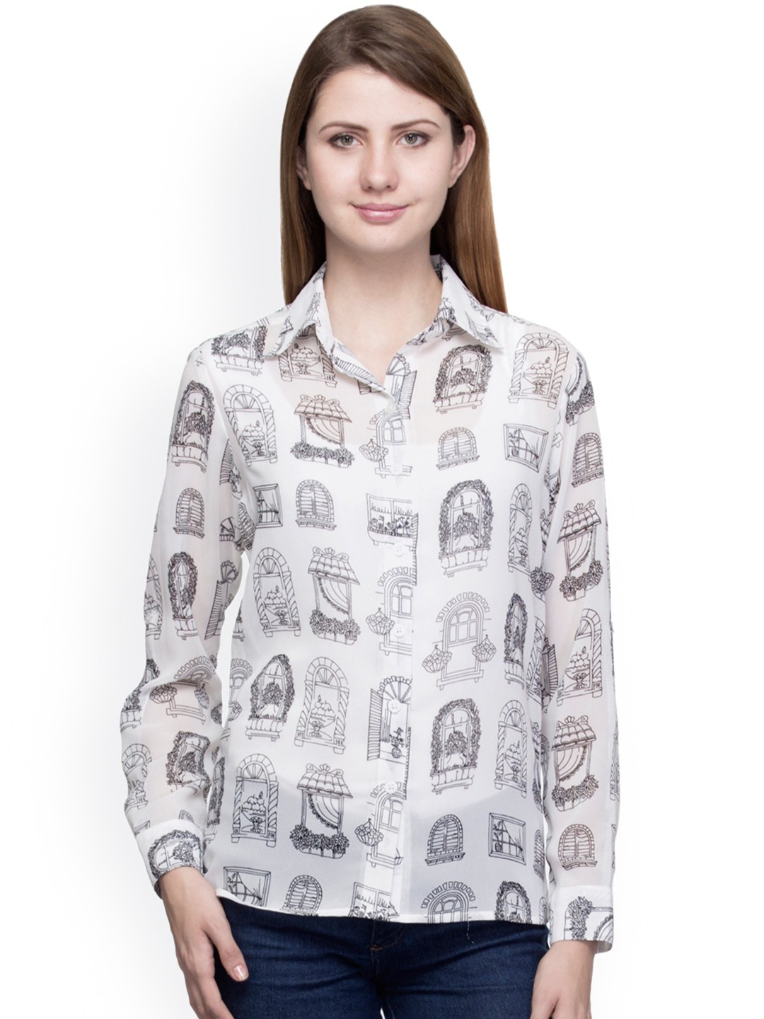 

WISSTLER Women White Printed Georgette Casual Shirt