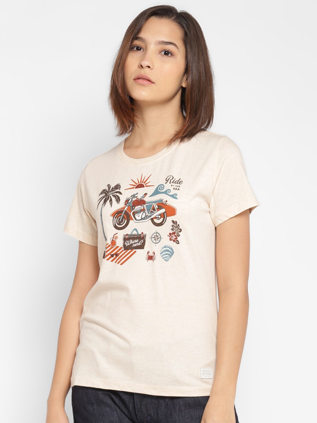 

Royal Enfield Women Off-White Biker Printed Cotton T-shirt