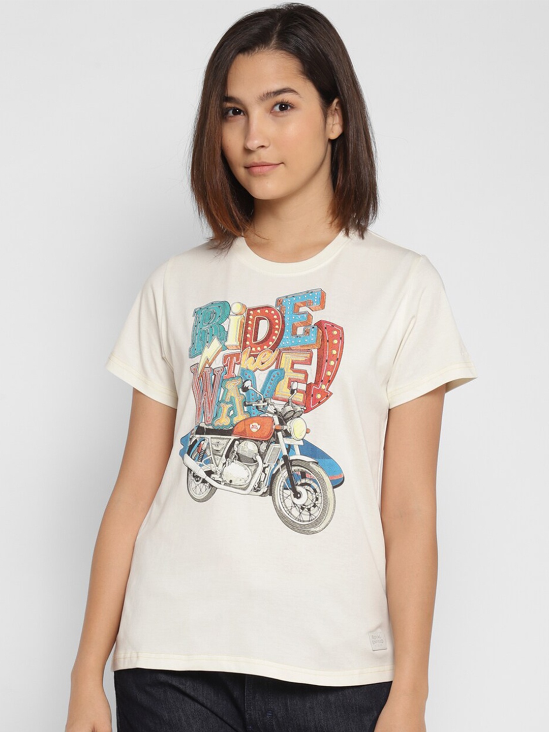 

Royal Enfield Women White Biker Printed T-shirt