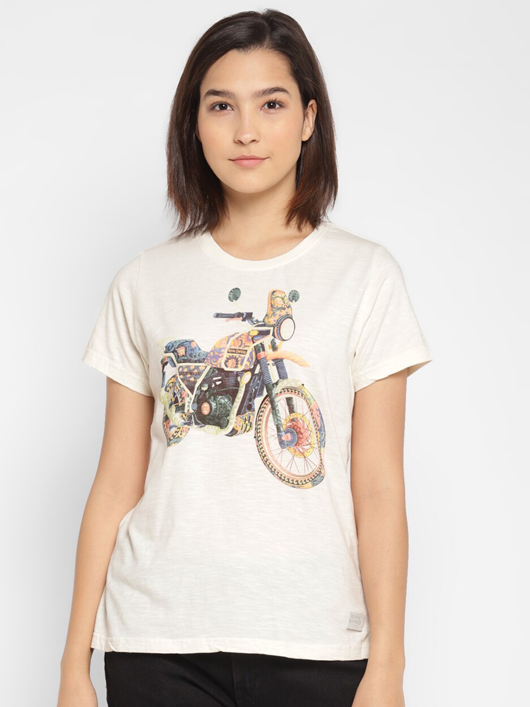 

Royal Enfield Women Off-White Biker Printed Cotton T-shirt
