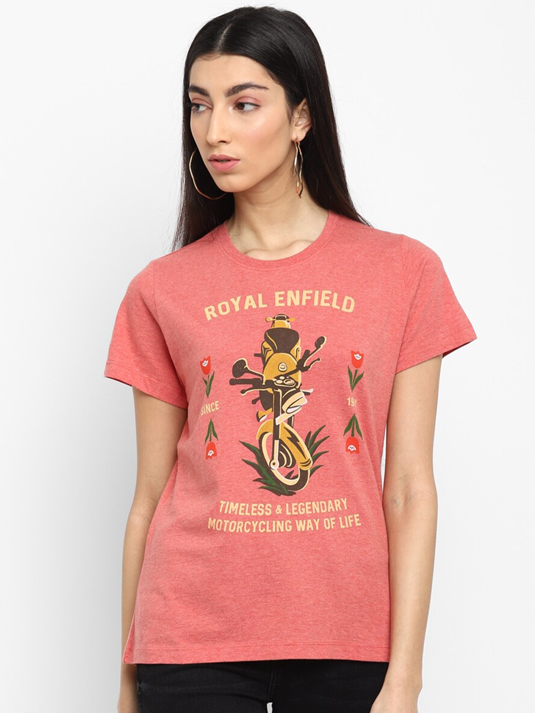 

Royal Enfield Women Pink Printed Tropical T-shirt