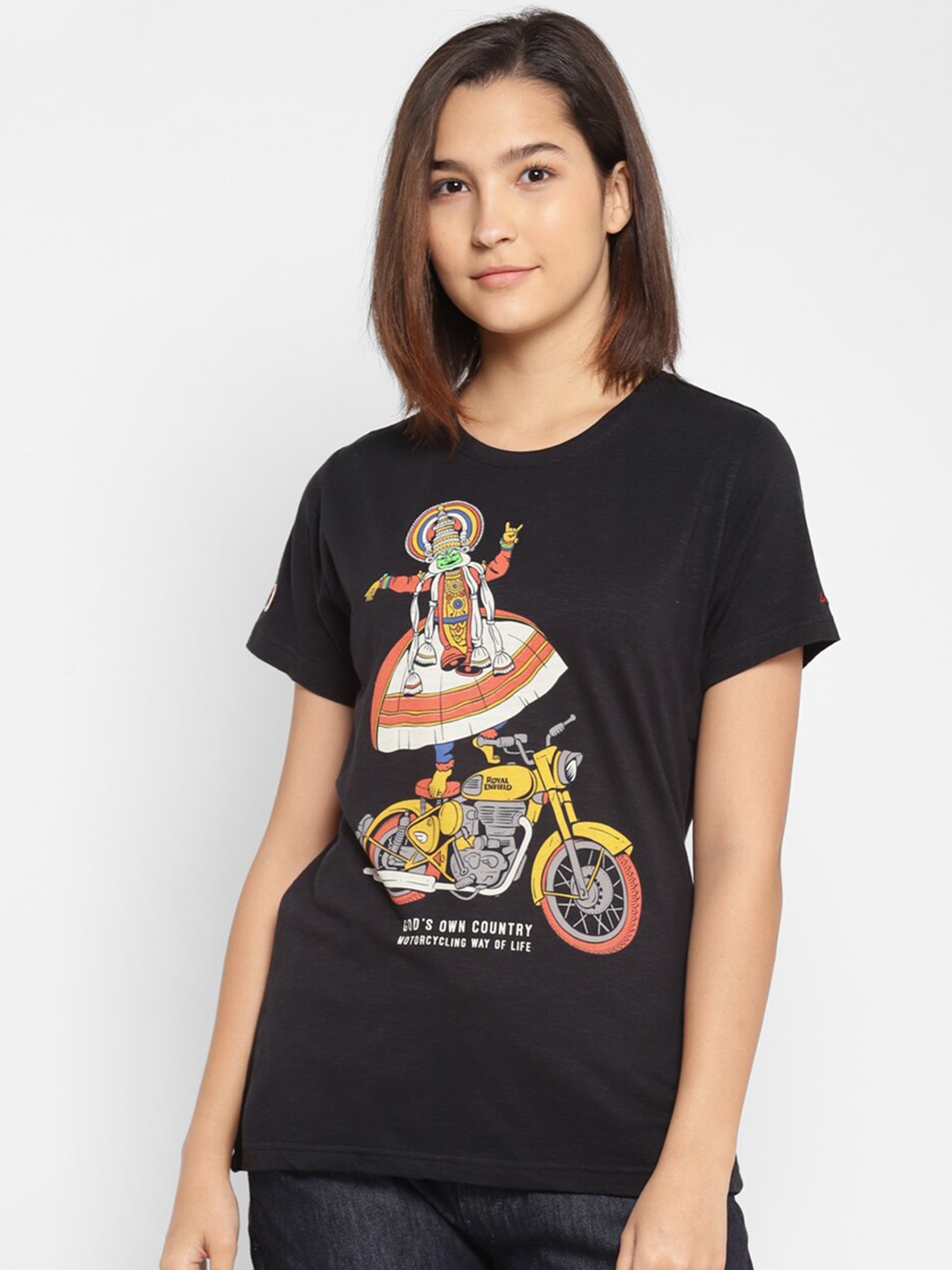 

Royal Enfield Women Black Graphic Printed Cotton T-shirt
