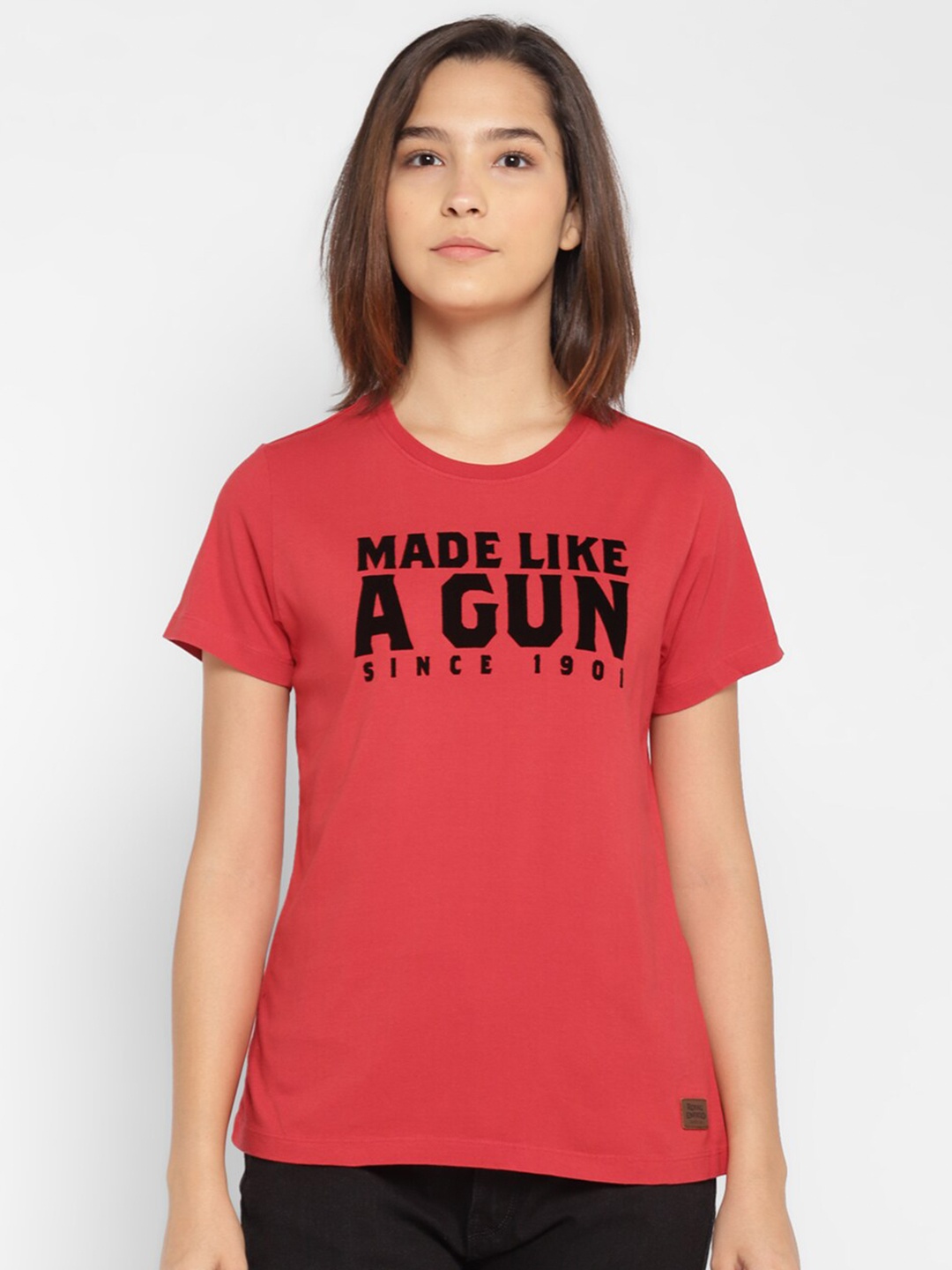 

Royal Enfield Women Red & Black Typography Printed Cotton T-shirt