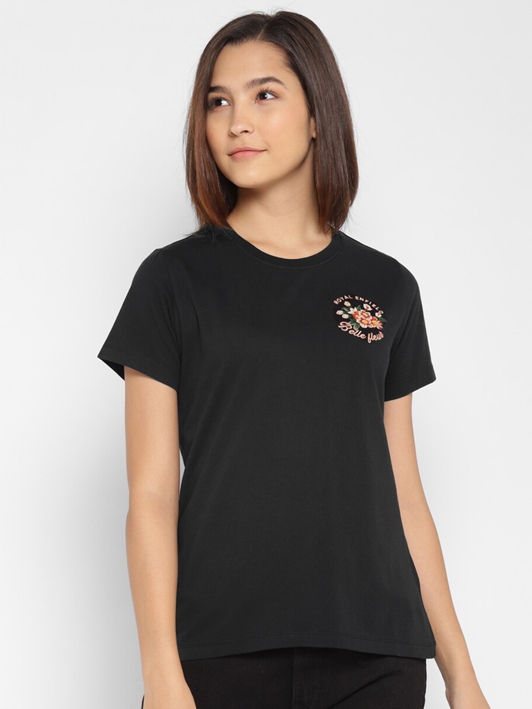Royal Enfield Women Black Applique T-shirt